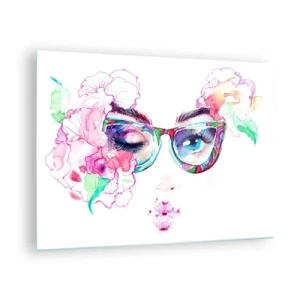Schilderen op glas - Vrouwenogen met bloemen en kleurrijke glazen in aquarelstijl - 70x50cm - Een verleidelijke belofte - Moderne wanddecoratie voor woonkamer en slaapkamer ARTTOR