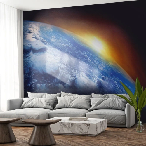 Fotobehang Premium Canvas - Zonsopgang boven de blauwe planeet - Abstractie, 3D, Kosmos - 100x70 cm
