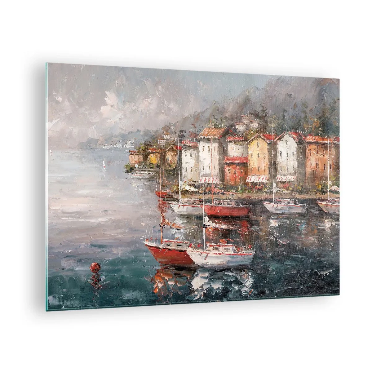Schilderen op glas - Een pittoreske haven met zeilboten en kleurrijke huizen - 70x50cm - Romantisch toevluchtsoord - Moderne wanddecoratie voor woonkamer en slaapkamer ARTTOR
