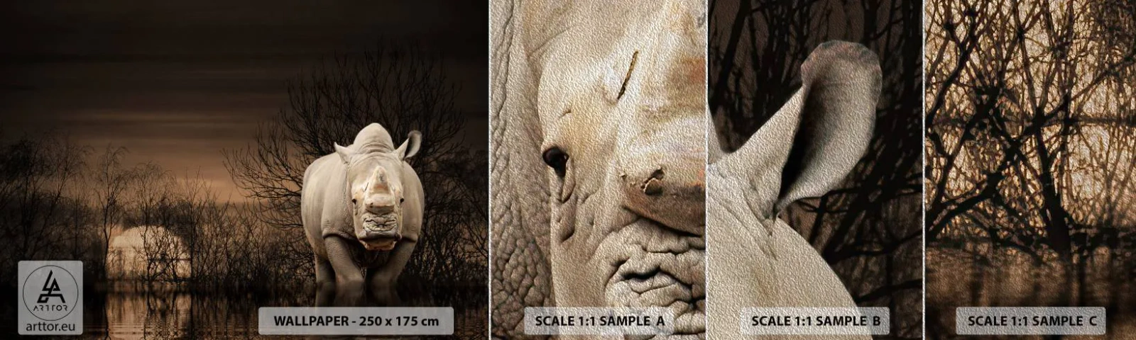 Fotobehang Monster Premium Sand - Wit tegen de natuur - Neushoorn, Dieren, Afrika - 100x30 cm