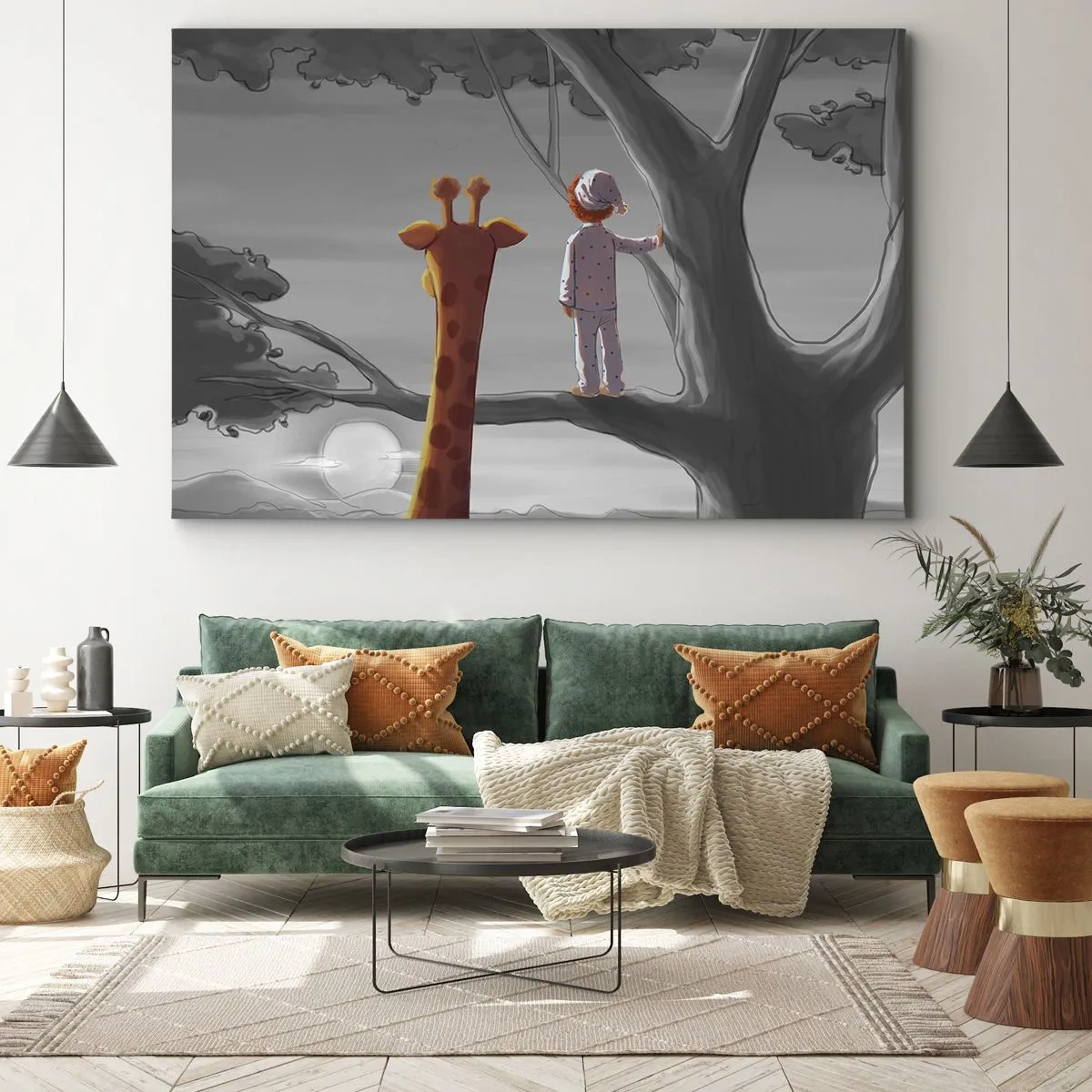 Schilderen op canvas - Een kind en een giraf op een boomtak in een sprookjesachtig landschap - 70x50cm - Dit gebeurt echt - Moderne wanddecoratie voor woonkamer en slaapkamer ARTTOR