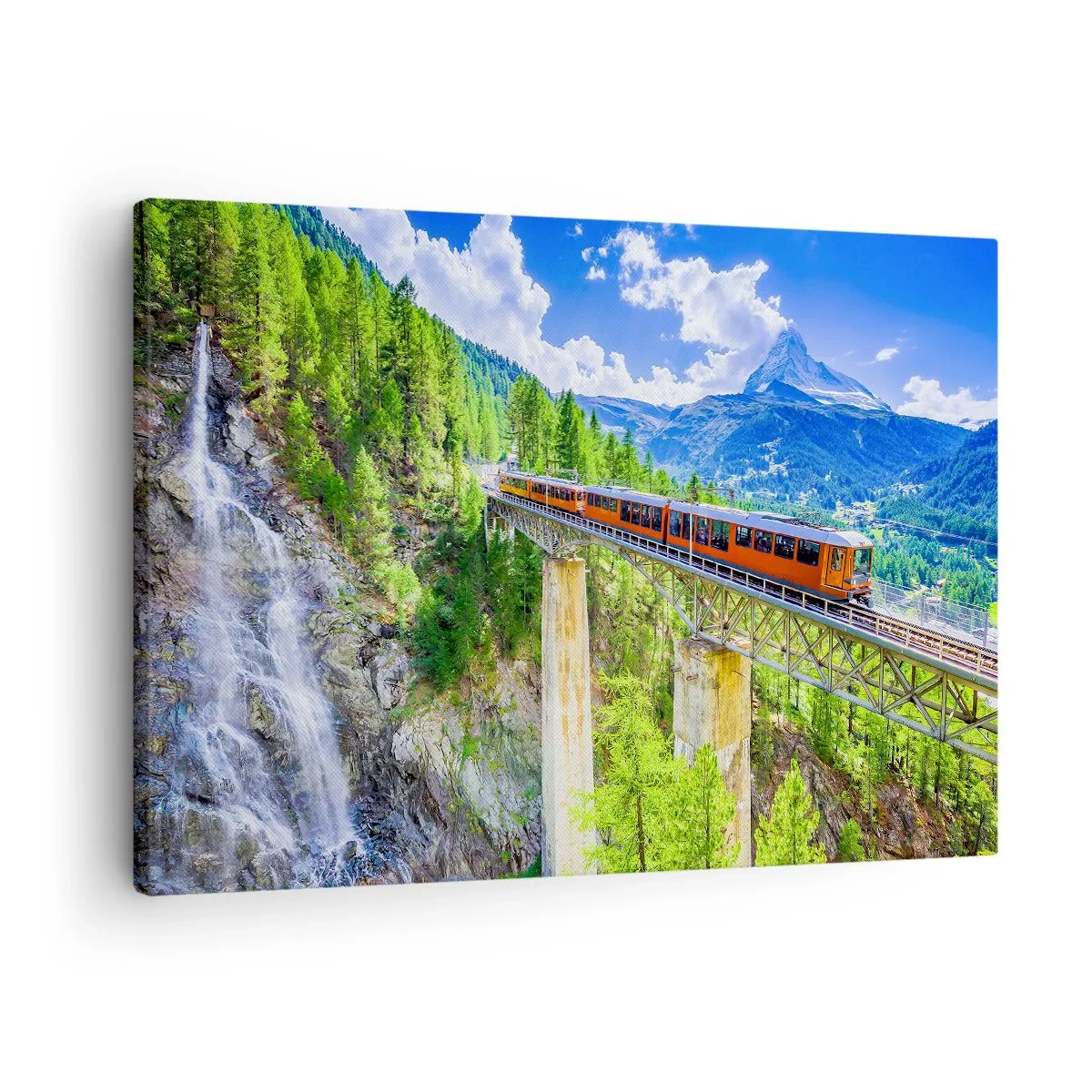 Schilderen op canvas - Een achtbaan op een brug met uitzicht op een waterval en bergen - 70x50cm - Het is tijd voor de Alpen - Moderne wanddecoratie voor woonkamer en slaapkamer ARTTOR