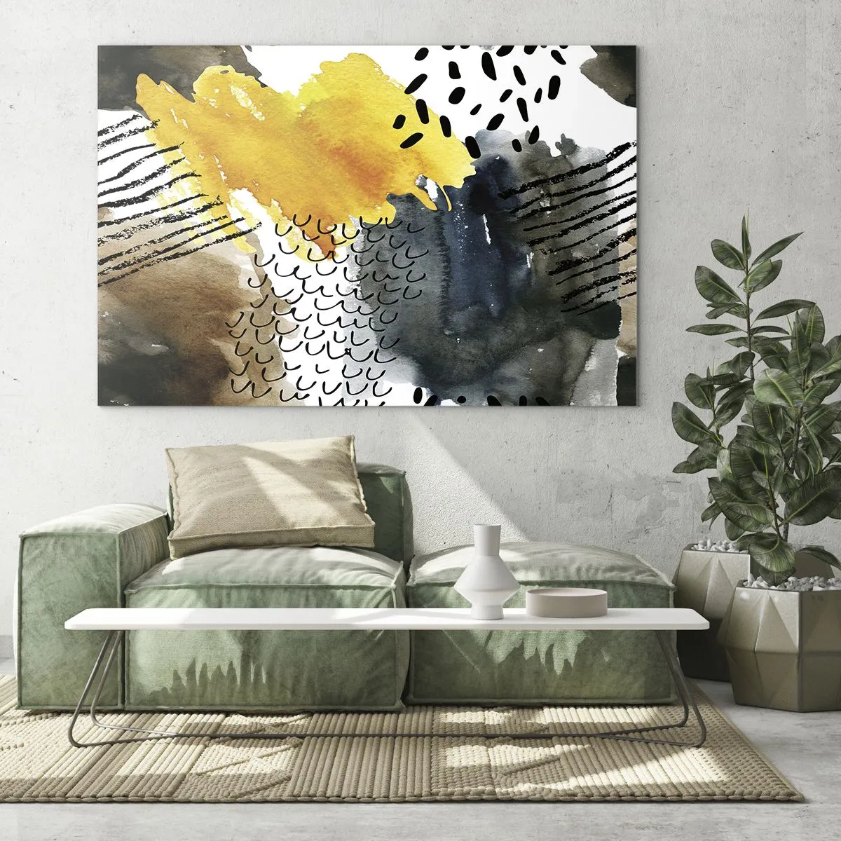 Schilderen op glas - Een abstracte compositie met vlekken en lijnen in aardse kleuren. - 70x50cm - Een ontmoeting van de elementen - Moderne wanddecoratie voor woonkamer en slaapkamer ARTTOR