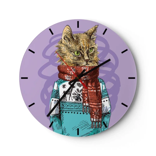 Wandklok - Klok - Een kat in een winteroutfit met een sjaal op een paarse achtergrond - 30x30cm - De kat niet alleen in schoenen - Moderne wanddecoratie voor woonkamer, keuken en slaapkamer ARTTOR