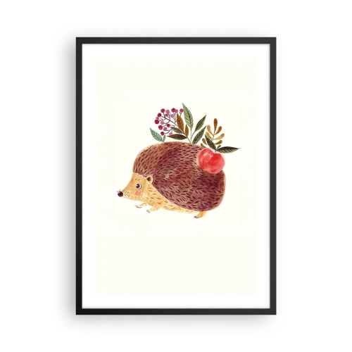 Poster in een zwarte lijst - Een schattige egel met een appel en takjes op een lichte achtergrond - 50x70cm - En je vindt mij al leuk - Moderne wanddecoratie voor woonkamer en slaapkamer ARTTOR