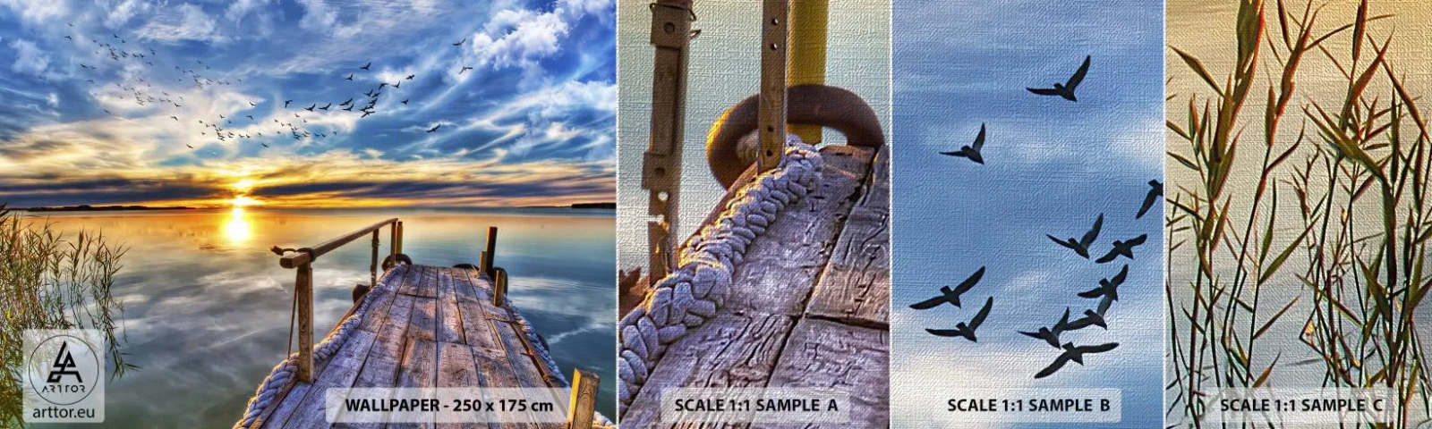 Fotobehang Monster Premium Canvas - De wind gaat rusten - Landschap, Meer, Houten brug - 100x30 cm