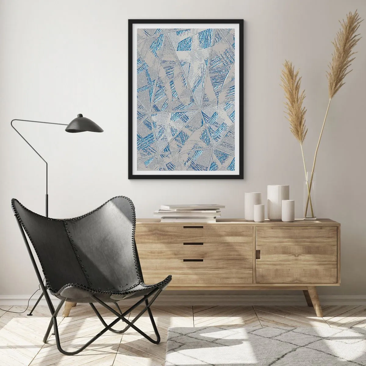 Poster in een zwarte lijst - Geometrische abstractie in tinten blauw en grijs - 50x70cm - In een blauwgrijs labyrint - Moderne wanddecoratie voor woonkamer en slaapkamer ARTTOR