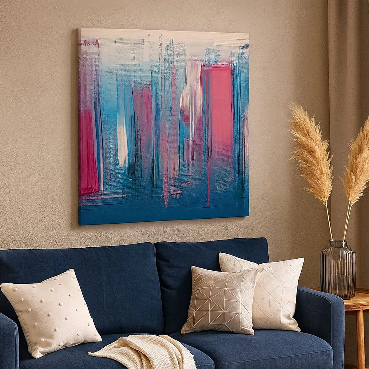 Schilderen op canvas - Verticale compositie in blauw en rood - 30x30 cm