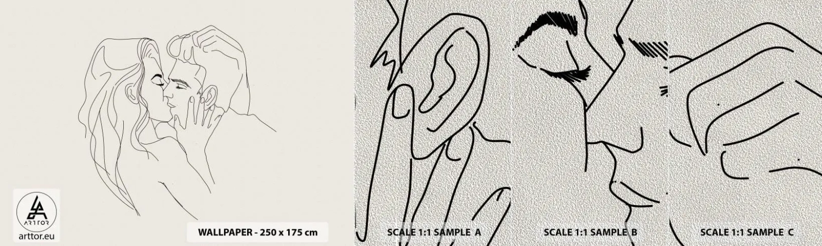 Fotobehang Monster Premium Sand - Verstrikt in gevoel - Grafisch, Verliefd stel, Kus - 100x30 cm