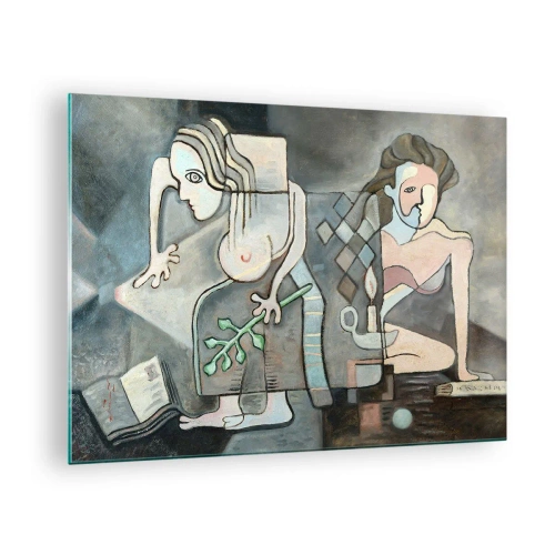 Schilderen op glas - Een abstract tafereel met twee figuren in kubistische stijl. - 70x50cm - Mozaïek van geest en materie - Moderne wanddecoratie voor woonkamer en slaapkamer ARTTOR