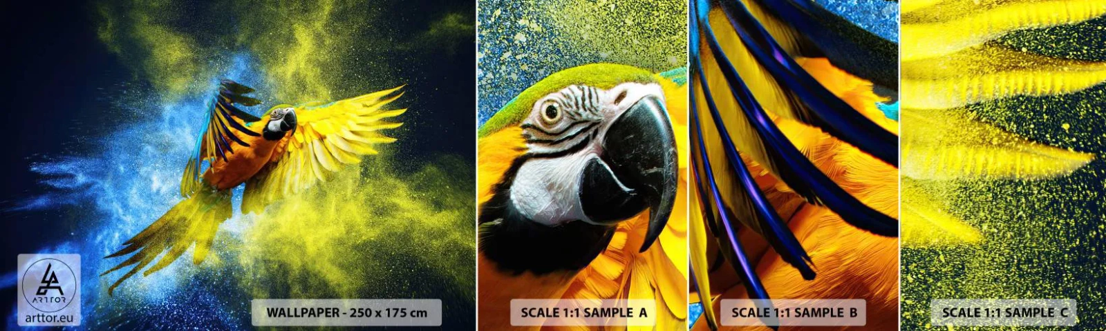 Fotobehang Monster Zelfklevend Deluxe Sticker - In het blauwe en gouden stof - Papegaai, Abstractie, Deel - 100x30 cm