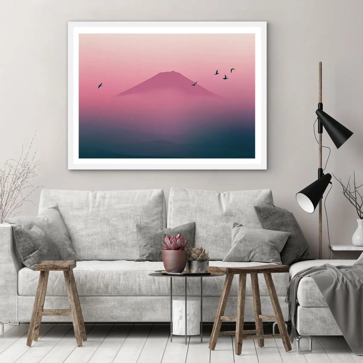Poster in een witte lijst - Wandelaars boven de wolken - 100x70 cm