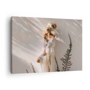 Schilderen op canvas - Een vrouw in boho-stijl verlicht door de zonnestralen - 70x50cm - De zon en het meisje - Moderne wanddecoratie voor woonkamer en slaapkamer ARTTOR