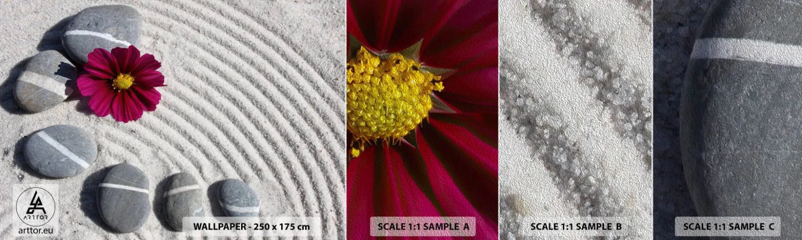 Fotobehang Monster Premium Sand - Energie en rust van de magische cirkel van de natuur - Bloemen, Zand, Stenen - 100x30 cm