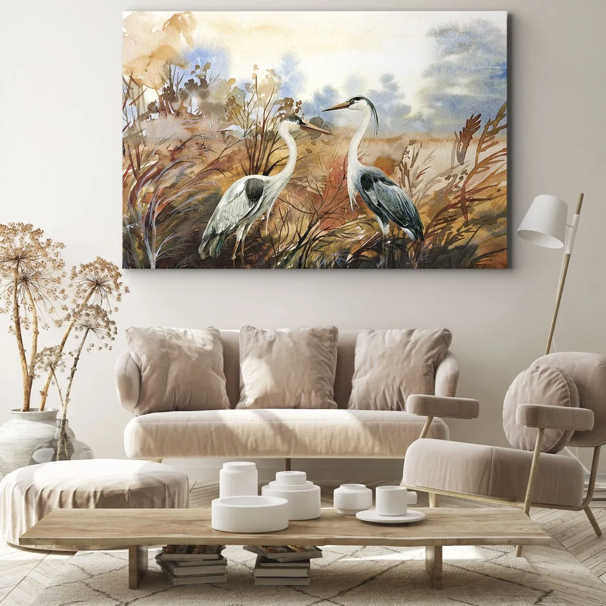 Schilderen op canvas - Twee reigers tegen de achtergrond van een herfstlandschap - 70x50cm - Waarheen in de herfst? - Moderne wanddecoratie voor woonkamer en slaapkamer ARTTOR