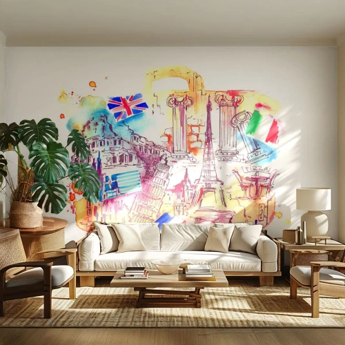 Zelfklevend Fotobehang Deluxe Sticker - Europese tour - Abstractie, Reizen, Koffer - 400x280 cm