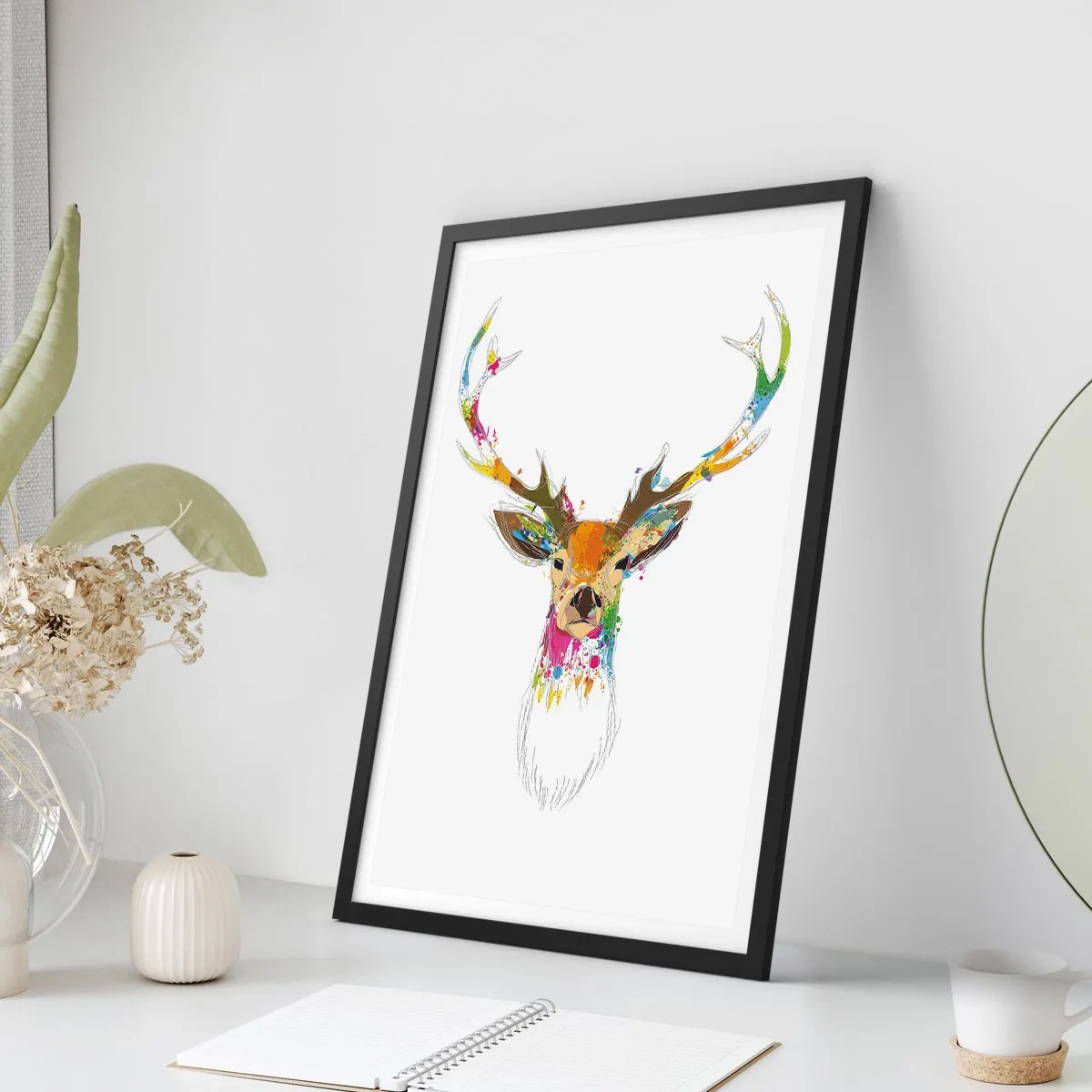 Poster in een zwarte lijst - Kleurrijke herten in abstracte stijl op een witte achtergrond - 50x70cm - Een zacht hert badend in kleur - Moderne wanddecoratie voor woonkamer en slaapkamer ARTTOR