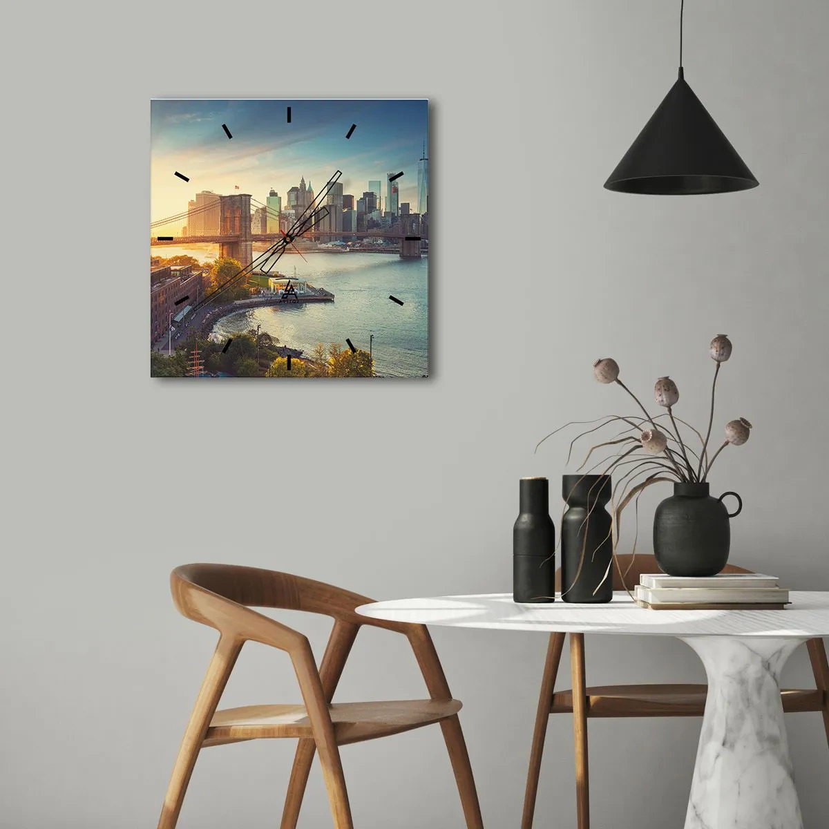 Wandklok - Klok - Dageraad in de grote stad - 30x30 cm