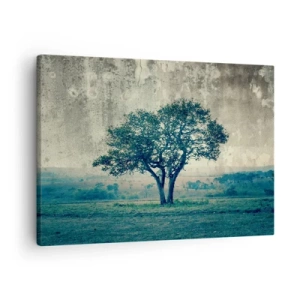 Schilderen op canvas - Een eenzame boom tegen een mistig landschap - 70x50cm - Een appelboom op een blauw veld? - Moderne wanddecoratie voor woonkamer en slaapkamer ARTTOR