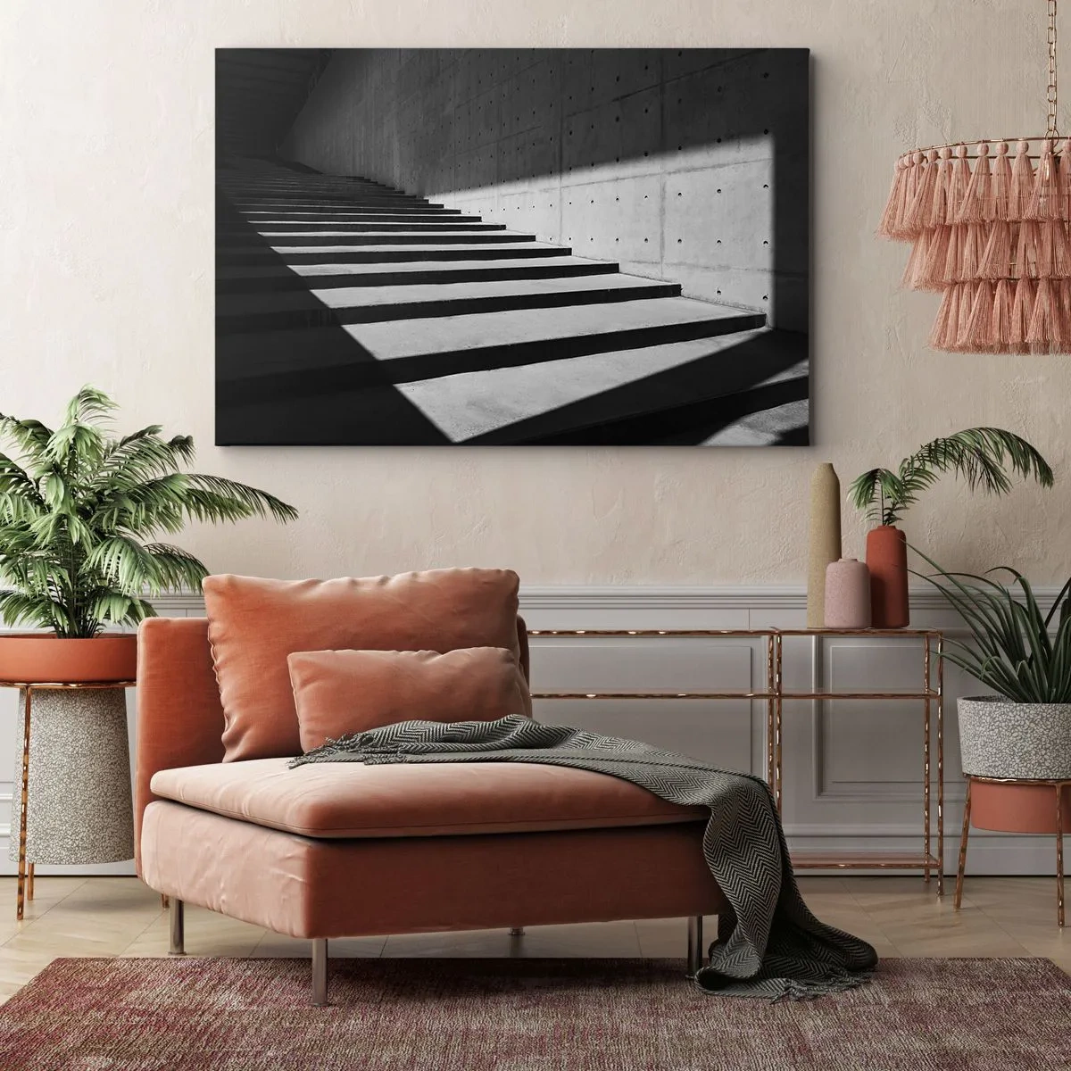 Schilderen op canvas - Trap in minimalistische stijl in zwart-wit - 70x50cm - De rauwe schoonheid van het modernisme - Moderne wanddecoratie voor woonkamer en slaapkamer ARTTOR