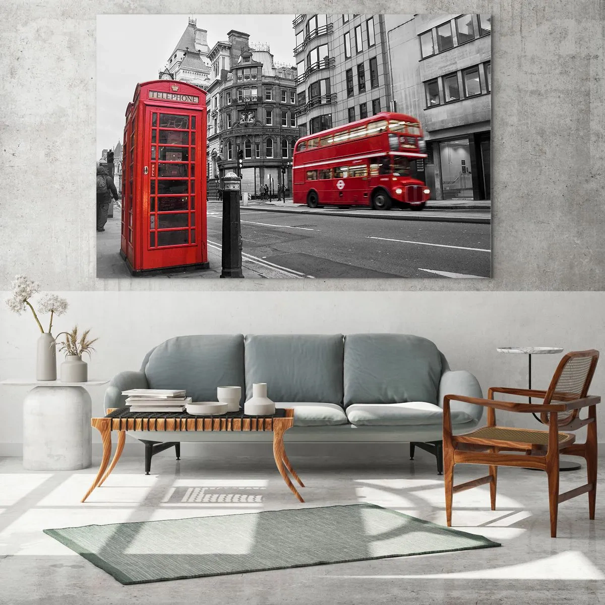 Schilderen op glas - Rode telefooncel en bus in Londen - 70x50cm - De roodste in Europa - Moderne wanddecoratie voor woonkamer en slaapkamer ARTTOR