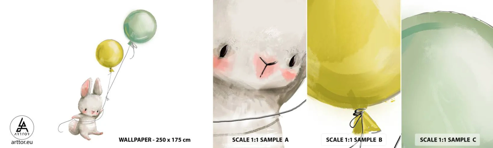 Fotobehang Monster Zelfklevend Deluxe Sticker - Ik ga ook vliegen! - Voor kinderen, Konijn, Kleurrijke ballonnen - 100x30 cm