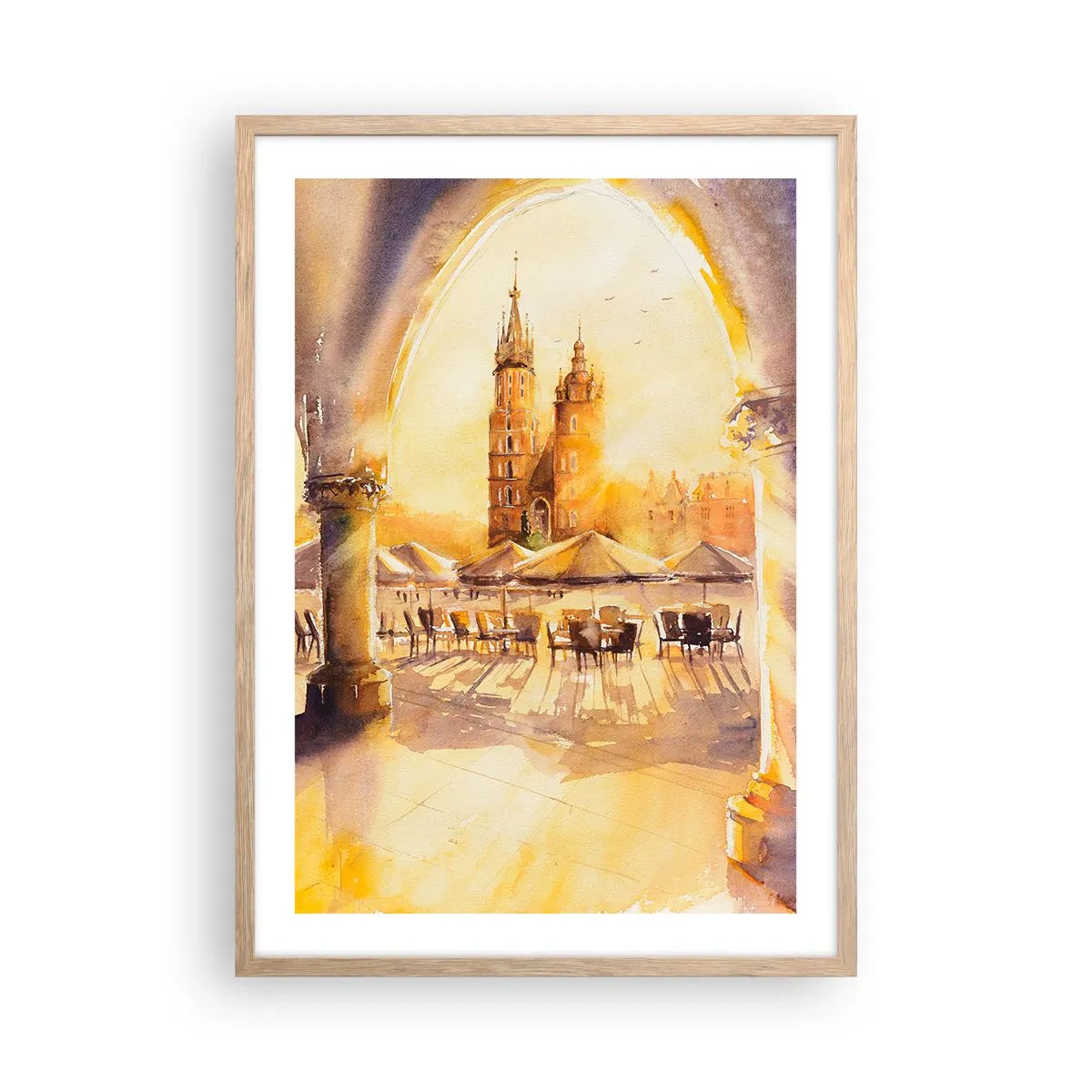 Een poster in een licht eiken lijst - Zonsopgang boven het marktplein van Krakau - 50x70 cm