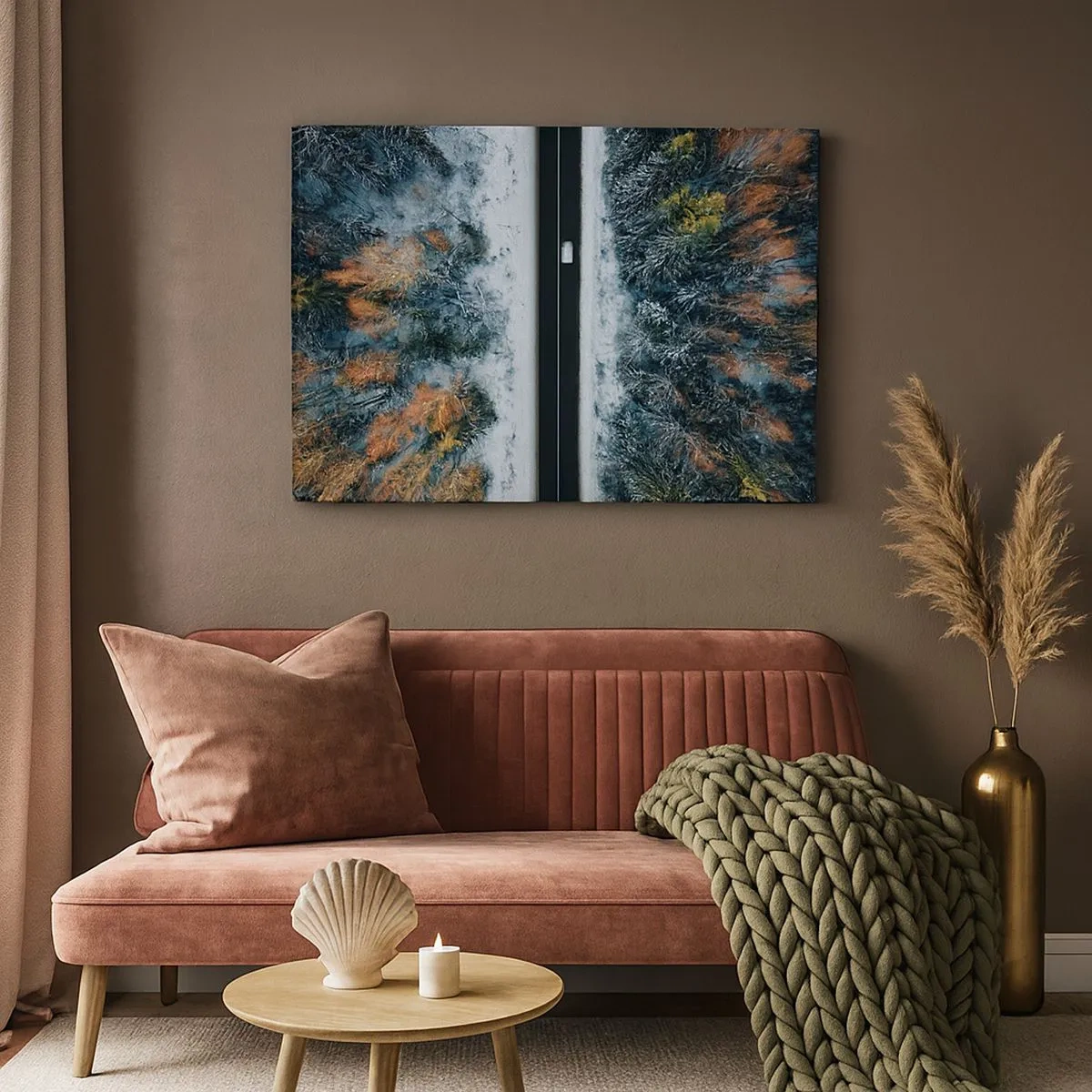 Schilderen op canvas - Een weg door een winterbos gezien vanuit vogelperspectief - 70x50cm - Snijd door het winterbos - Moderne wanddecoratie voor woonkamer en slaapkamer ARTTOR