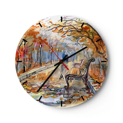 Wandklok - Klok - Herfstpark met een bankje in aquarelstijl - 30x30cm - Samen wandelen in de herfst - Moderne wanddecoratie voor woonkamer, keuken en slaapkamer ARTTOR