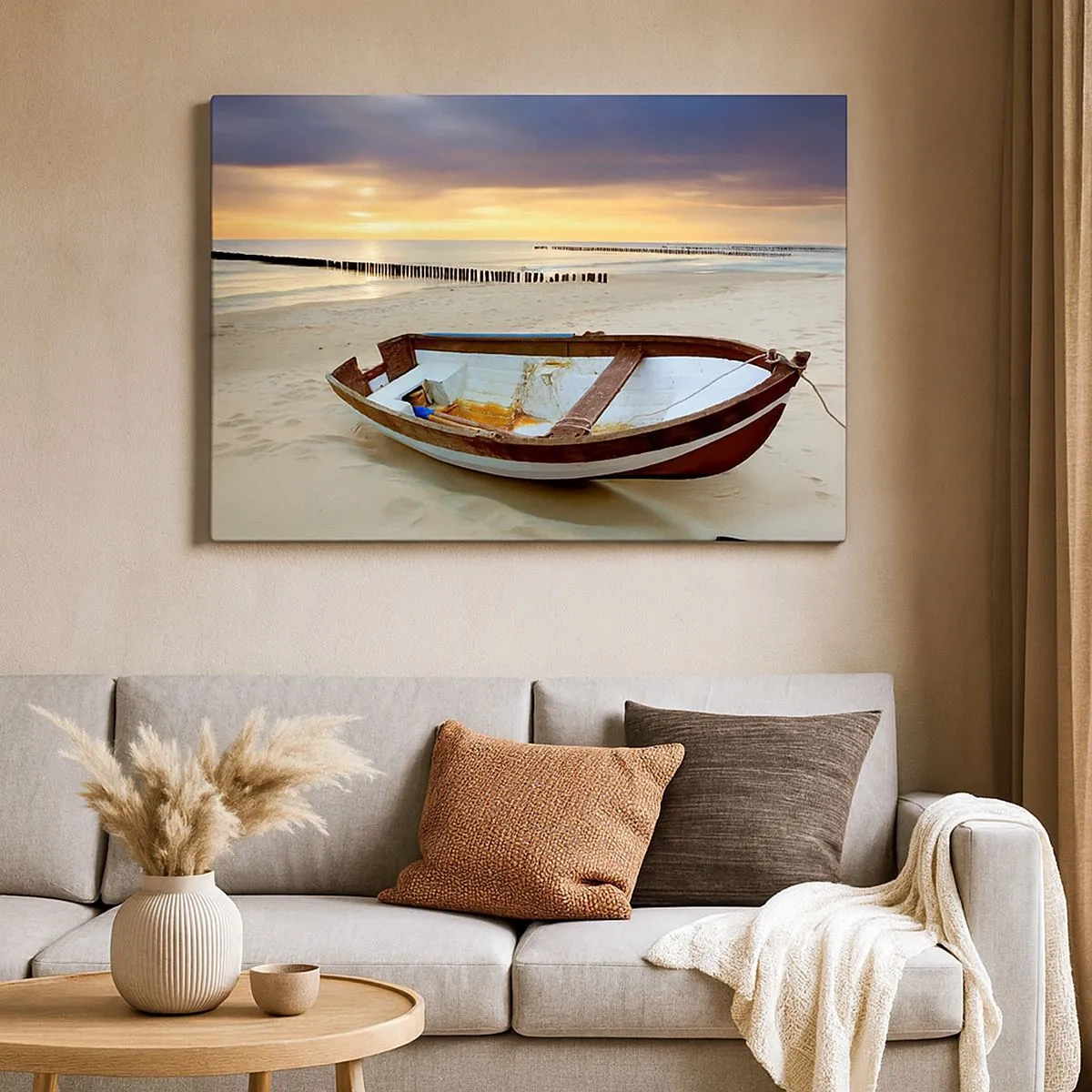Schilderen op canvas - Een boot op een zandstrand bij zonsondergang - 70x50cm - Er zijn geen mooiere stranden meer - Moderne wanddecoratie voor woonkamer en slaapkamer ARTTOR