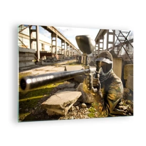 Schilderen op glas - Paintballspeler in actie in een industriële omgeving - 70x50cm - En jij kunt een held worden - Moderne wanddecoratie voor woonkamer en slaapkamer ARTTOR