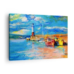 Schilderen op canvas - Vissershaven met boten en een vuurtoren in felle kleuren - 70x50cm - Een middag in de regenboogbaai - Moderne wanddecoratie voor woonkamer en slaapkamer ARTTOR