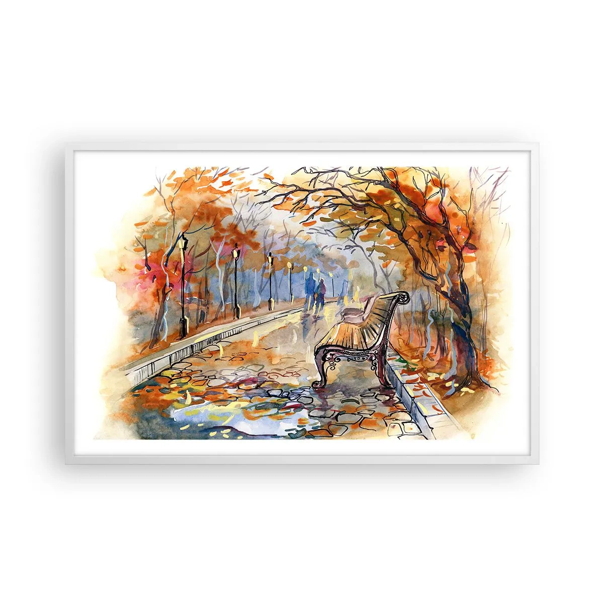 Poster in een witte lijst - Samen wandelen in de herfst - 91x61 cm