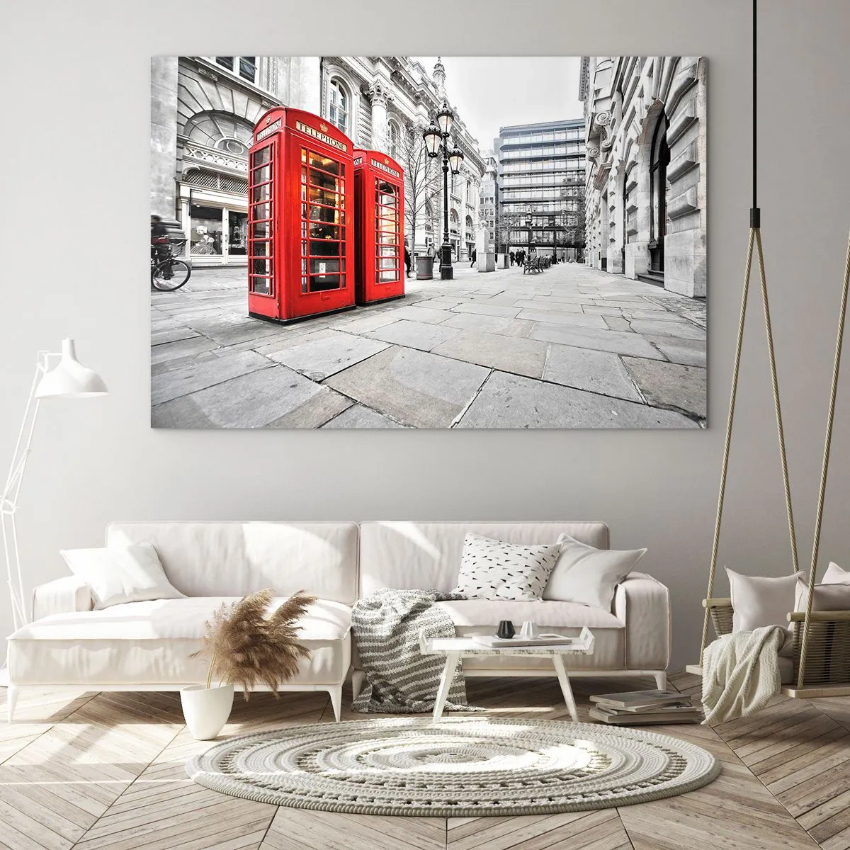 Schilderen op glas - Rode telefooncellen tegen de achtergrond van een stadsstraat - 70x50cm - Welkom in Londen - Moderne wanddecoratie voor woonkamer en slaapkamer ARTTOR