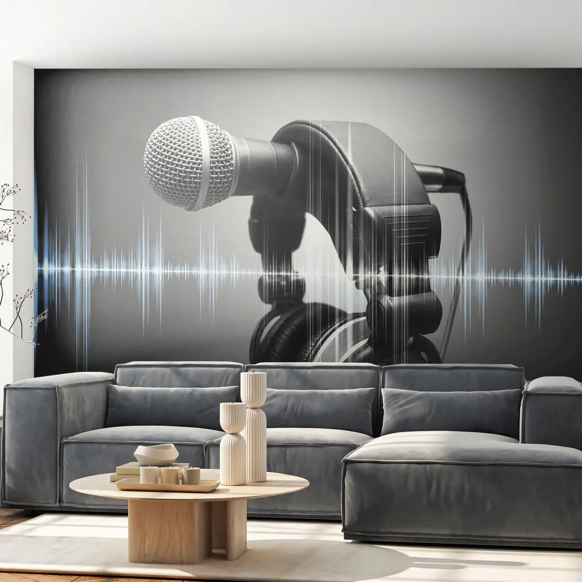 Zelfklevend Fotobehang Deluxe Sticker - Je kunt het zingen nog steeds horen - Microfoon, Muzikale hoofdtelefoons, Muziek - 250x175 cm