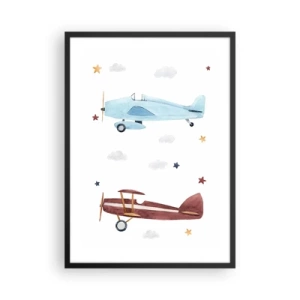 Poster in een zwarte lijst - Aquarelillustraties van twee vliegtuigen die tussen de wolken en de sterren zweven. - 50x70cm - Meneer Piloot, we wachten! - Moderne wanddecoratie voor woonkamer en slaapkamer ARTTOR