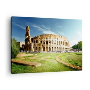 Schilderen op canvas - Het Colosseum in Rome, omringd door groen en blauwe lucht - 70x50cm - We kunnen nog steeds het gekletter van het geweer horen - Moderne wanddecoratie voor woonkamer en slaapkamer ARTTOR