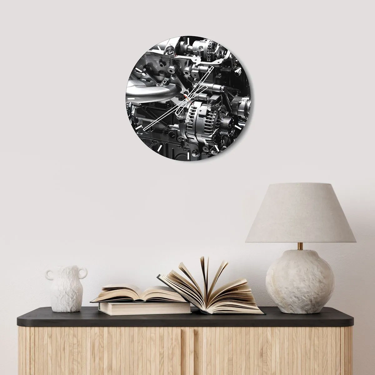 Wandklok - Klok - Close-up van details van de auto-motor, metaalachtige glans - 30x30cm - Staal, mooi, sterk - Moderne wanddecoratie voor woonkamer, keuken en slaapkamer ARTTOR