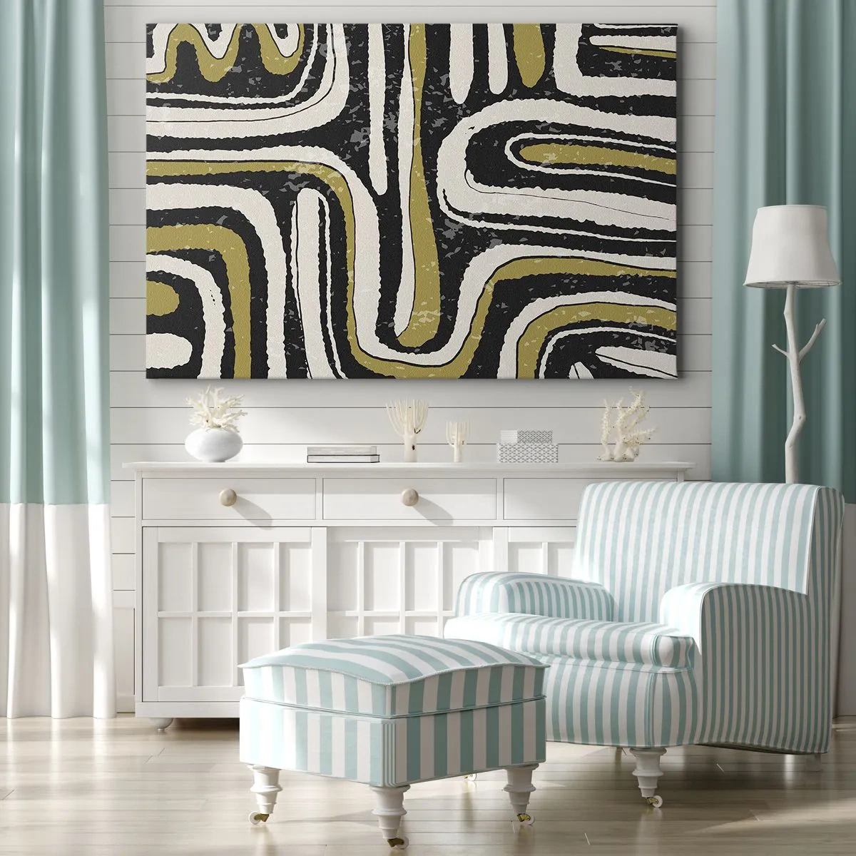 Schilderen op canvas - Abstract patroon in zwart, wit en goud - 70x50cm - Compositie: wegen en steegjes - Moderne wanddecoratie voor woonkamer en slaapkamer ARTTOR