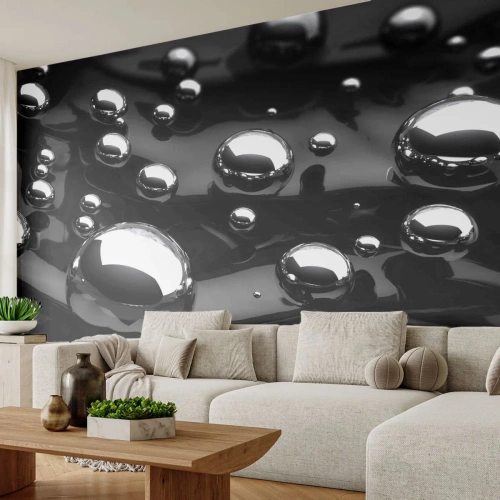 Fotobehang Premium Canvas - Uit het zwarte water - Abstractie, Chromen ballen, 3D - 250x175 cm