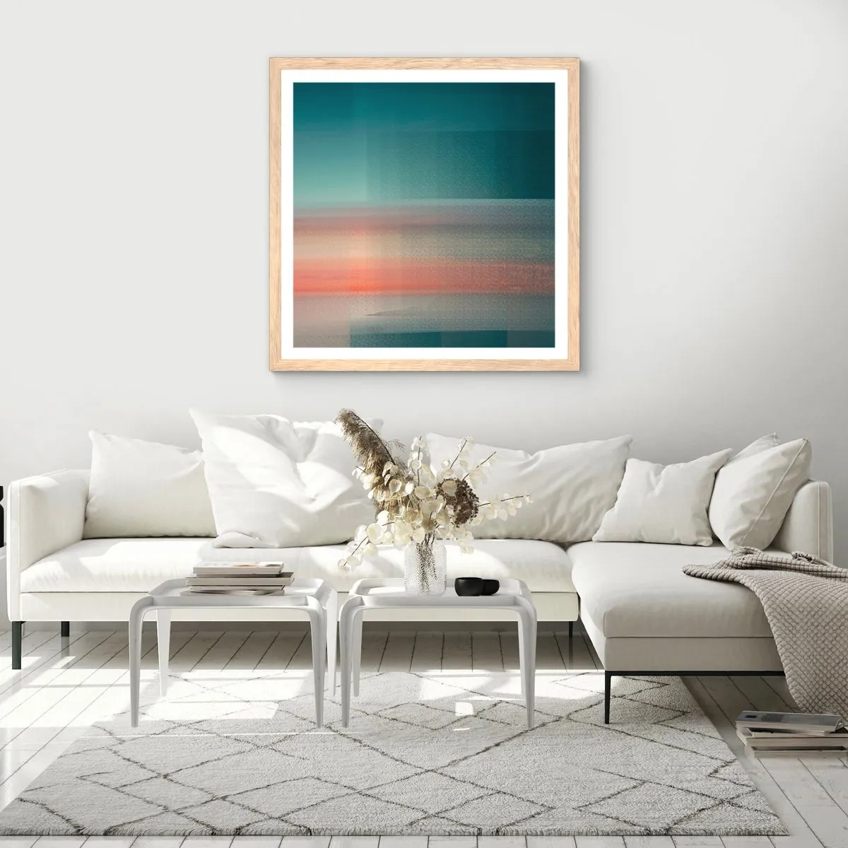 Een poster in een licht eiken lijst - Abstractie: golven van licht - 60x60 cm