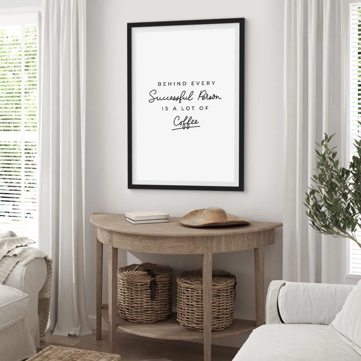 Poster in een zwarte lijst - Een citaat over koffie in een minimalistische typografische stijl - 50x70cm - Het geheim van succes - Moderne wanddecoratie voor woonkamer en slaapkamer ARTTOR