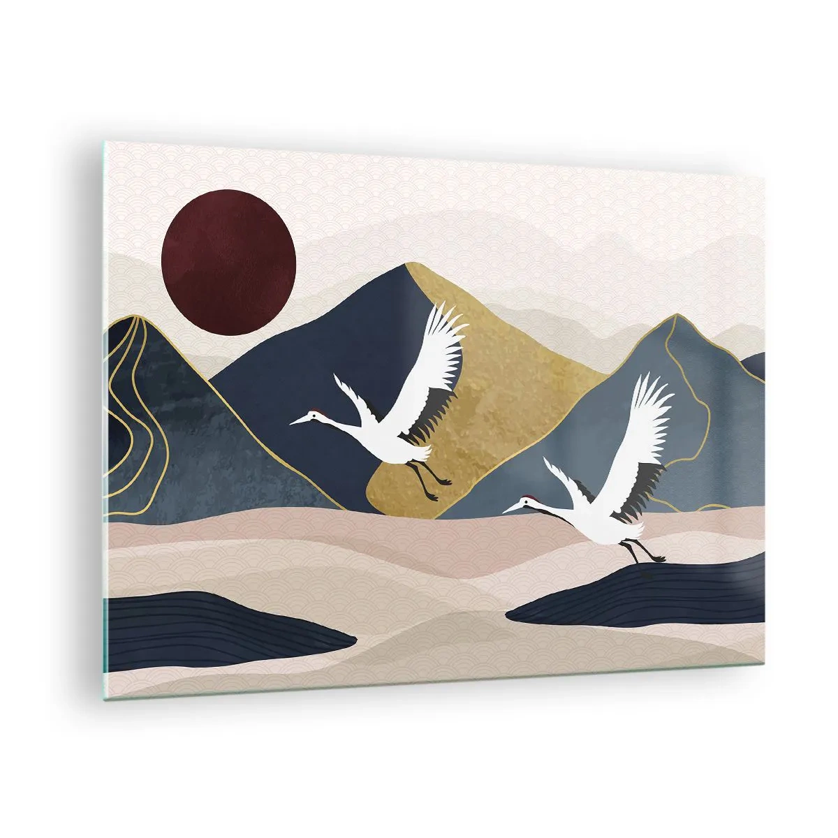 Schilderen op glas - Twee kraanvogels vliegen over een glooiend landschap met een rode zon. - 70x50cm - Het is weer een dag GEGAAN - Moderne wanddecoratie voor woonkamer en slaapkamer ARTTOR
