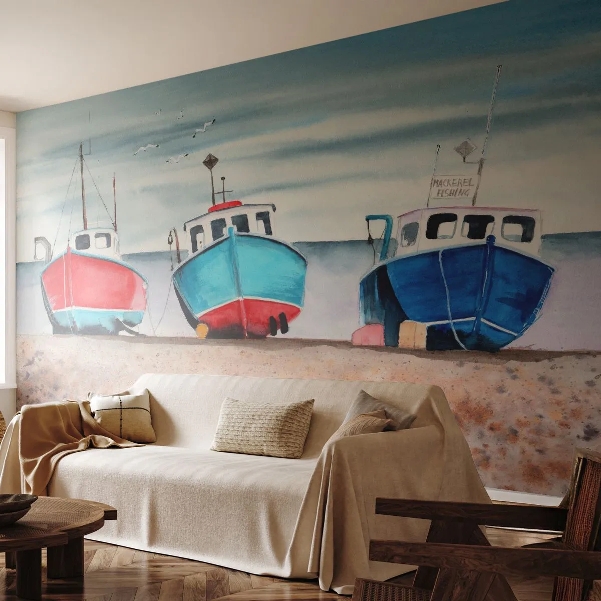 Fotobehang Premium Sand - Klaar om te vissen - Nautisch, Kust, Visserij kotters - 250x175 cm