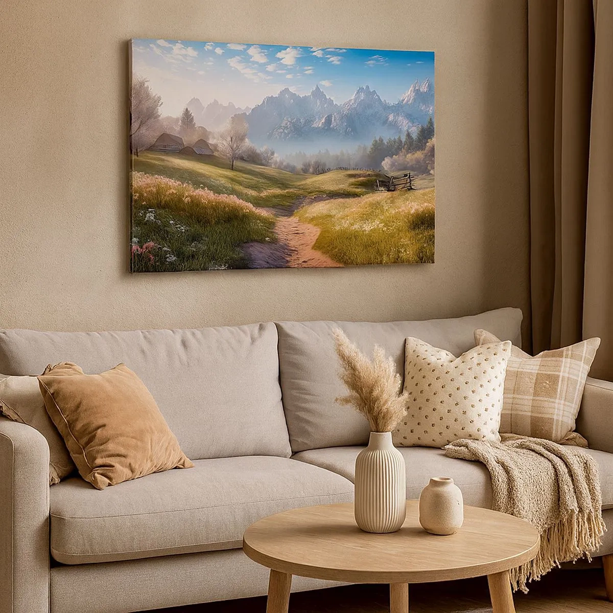 Schilderen op canvas - Een bergdal met weilanden, hutten en uitzicht op de toppen - 70x50cm - Idyllische vallei - Moderne wanddecoratie voor woonkamer en slaapkamer ARTTOR