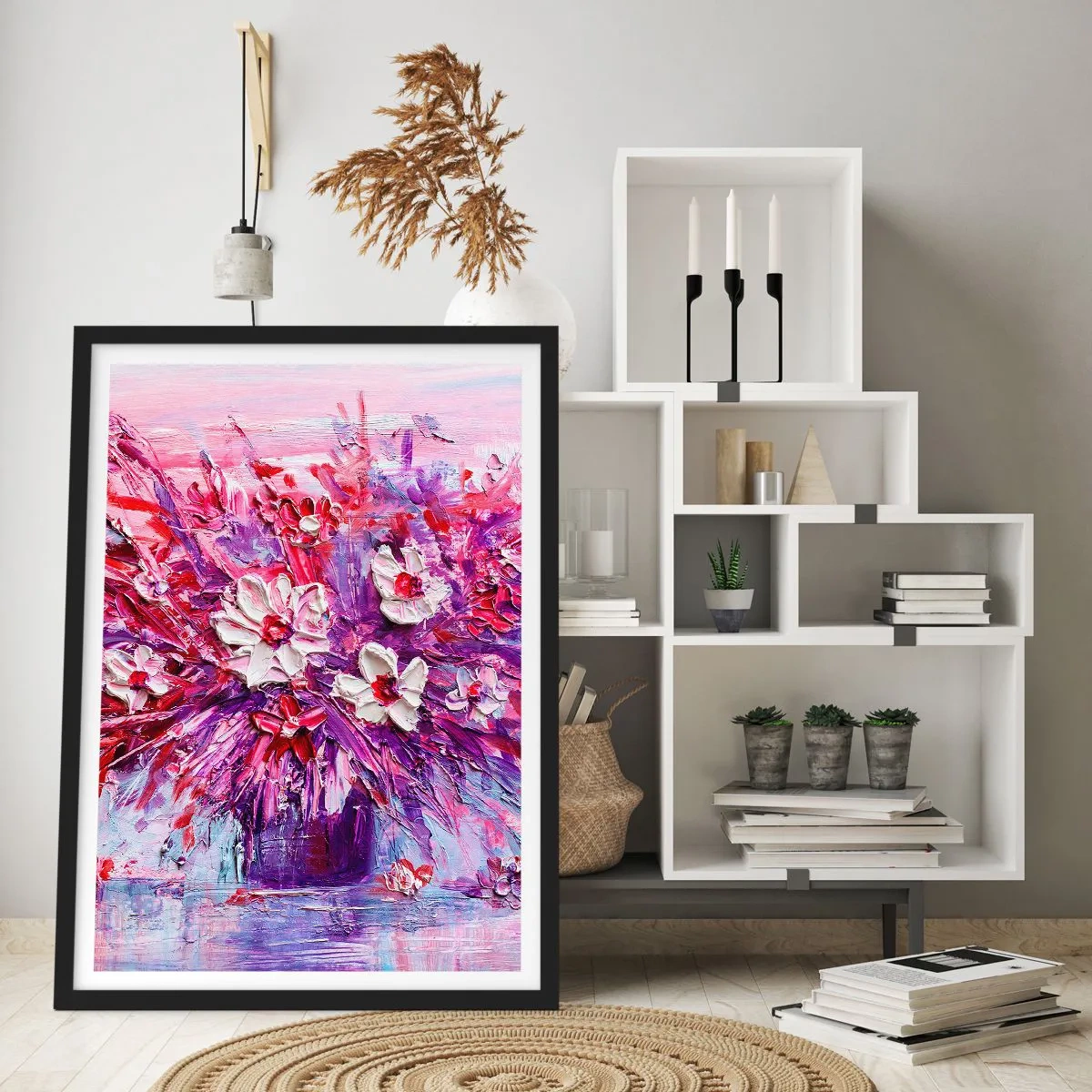 Poster in een zwarte lijst - Een boeket bloemen in de kleuren roze, paars en wit - 50x70cm - Onschuld en passie - Moderne wanddecoratie voor woonkamer en slaapkamer ARTTOR