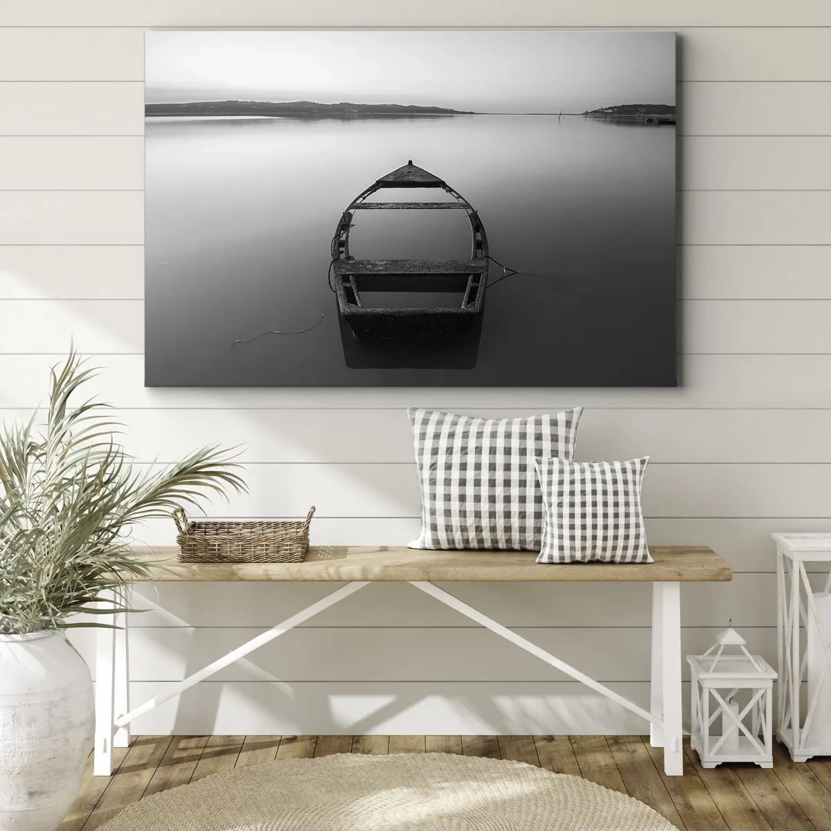 Schilderen op canvas - Een eenzame boot op een kalm meer in tinten zwart en wit - 70x50cm - Verlangen en melancholie - Moderne wanddecoratie voor woonkamer en slaapkamer ARTTOR