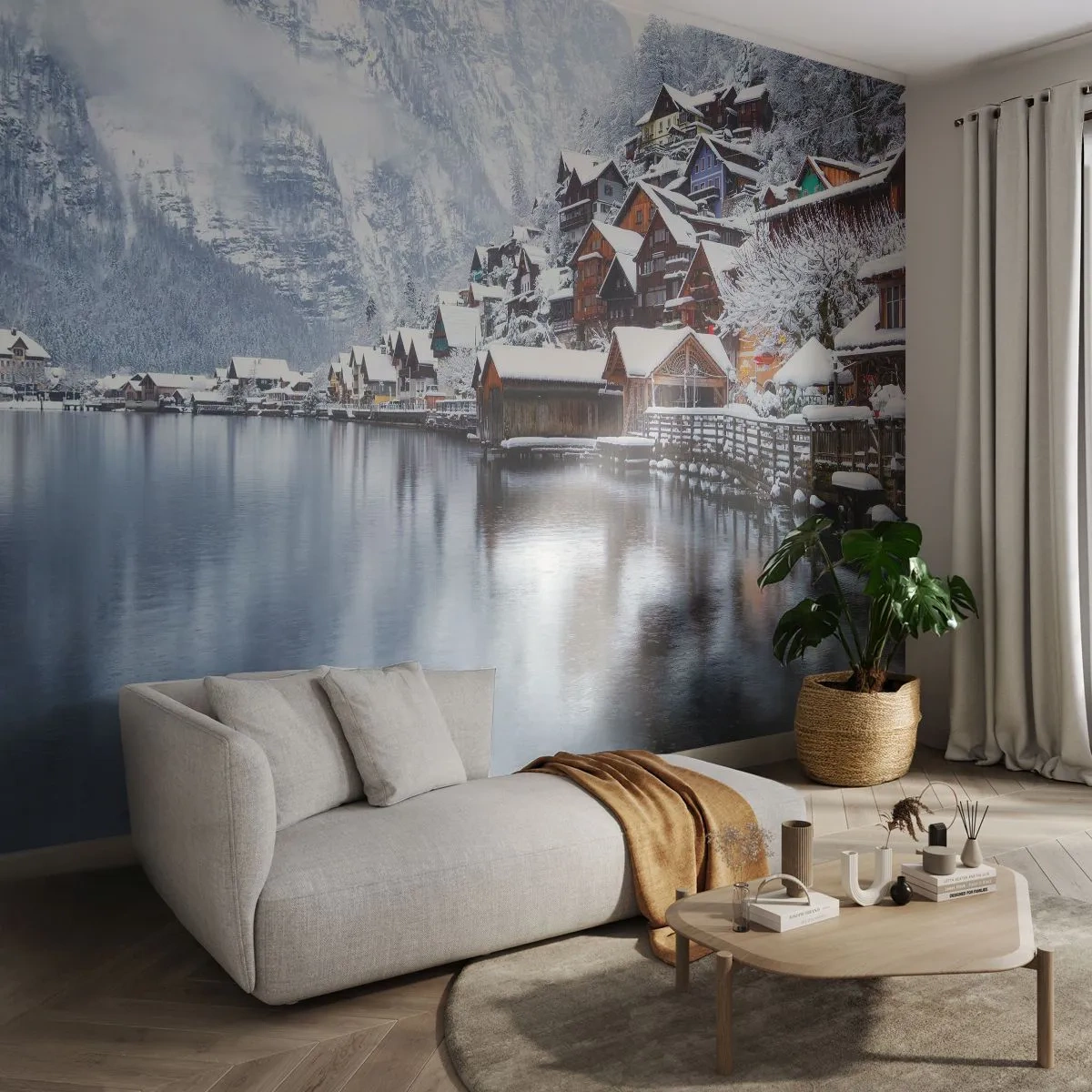 Fotobehang Standard Eco - In winterdecoratie - Landschap, Bergnederzetting, Winter - 200x140 cm