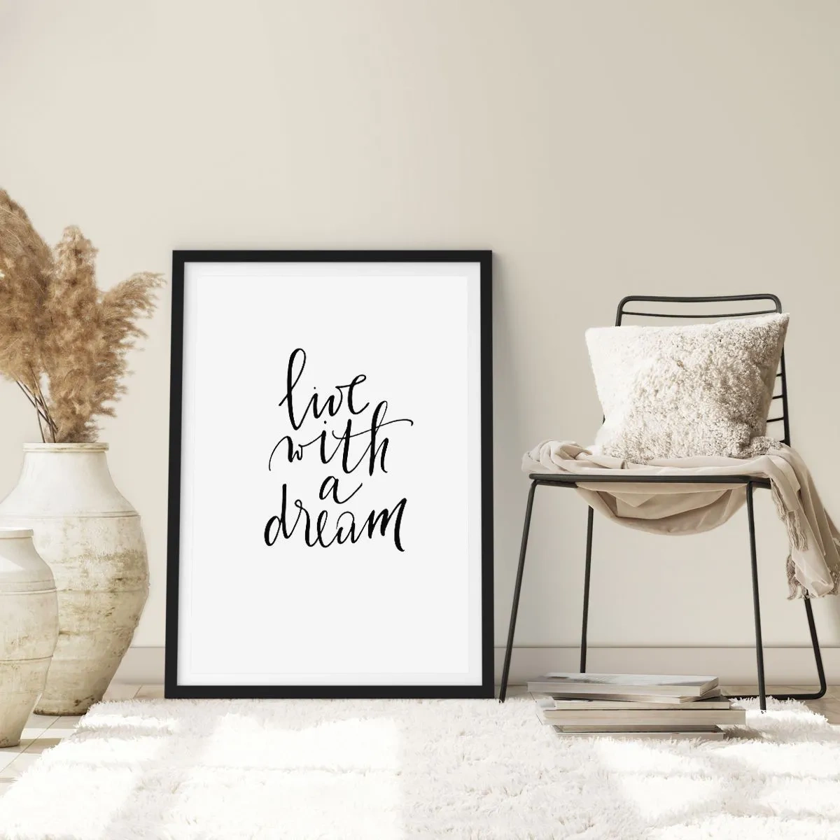 Poster in een zwarte lijst - Minimalistische inscriptie "Live with a Dream" op een witte achtergrond - 50x70cm - Natuurlijk - Moderne wanddecoratie voor woonkamer en slaapkamer ARTTOR