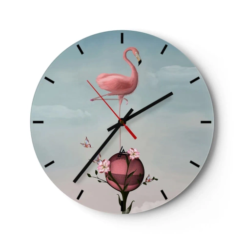 Wandklok - Klok - Een roze flamingo staat op een met bloemen versierde bal. - 30x30cm - Basketbal allegorie - Moderne wanddecoratie voor woonkamer, keuken en slaapkamer ARTTOR